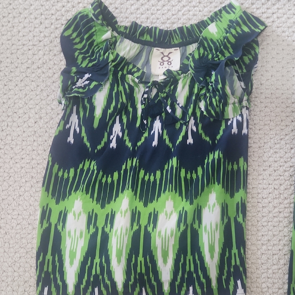 Figue Green and Blue Ikat Patterned Blouse with Tassels -matching pants for sale